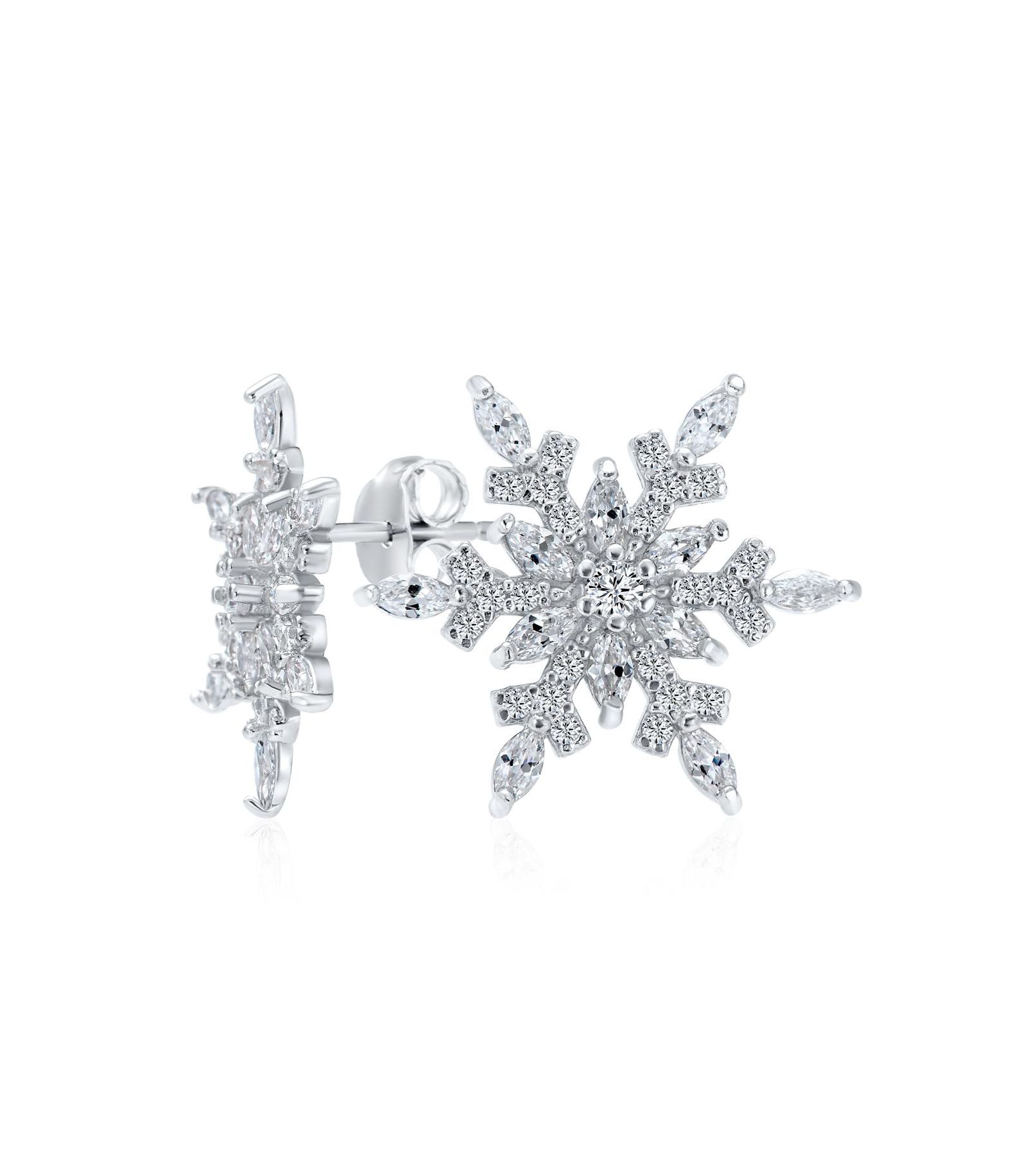 Bling Jewelry Holiday Festive Snowflake CZ Encrusted Stud Earrings .925 Sterling Silver