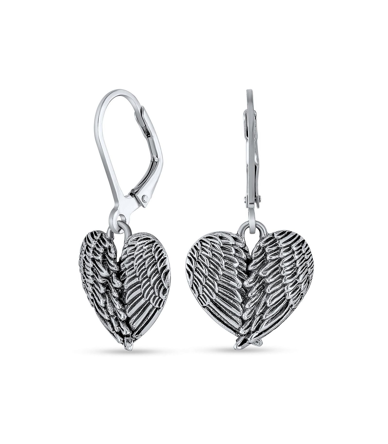 Bling Jewelry Guardian Angel Wings Heart Shape Dangle Earrings Sterling Silver Leverback