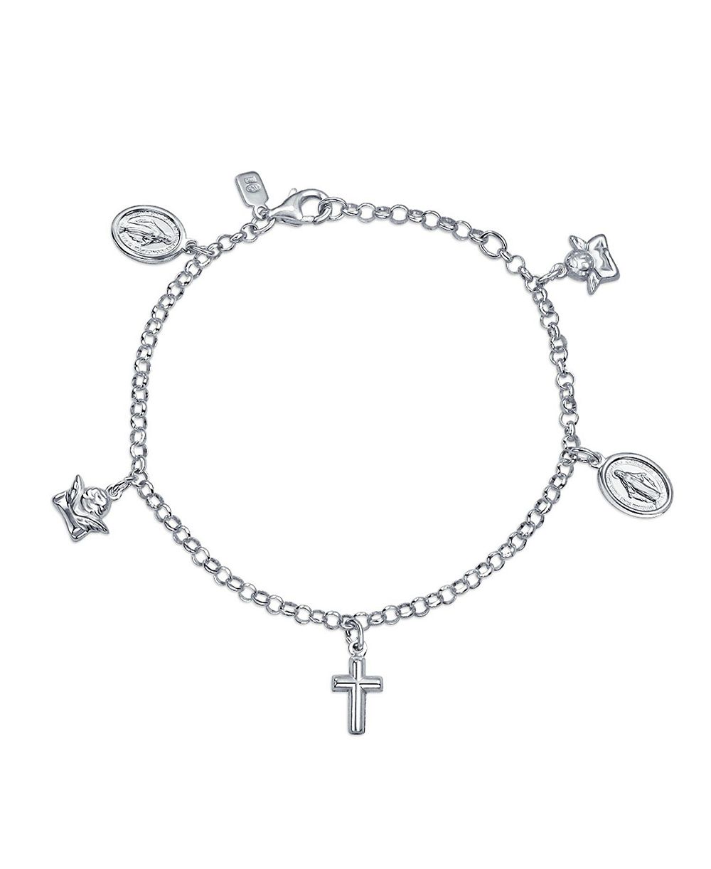 Bling Jewelry Religious Virgin Mary Cross Angel Dangling Charm Bracelet Sterling Silver