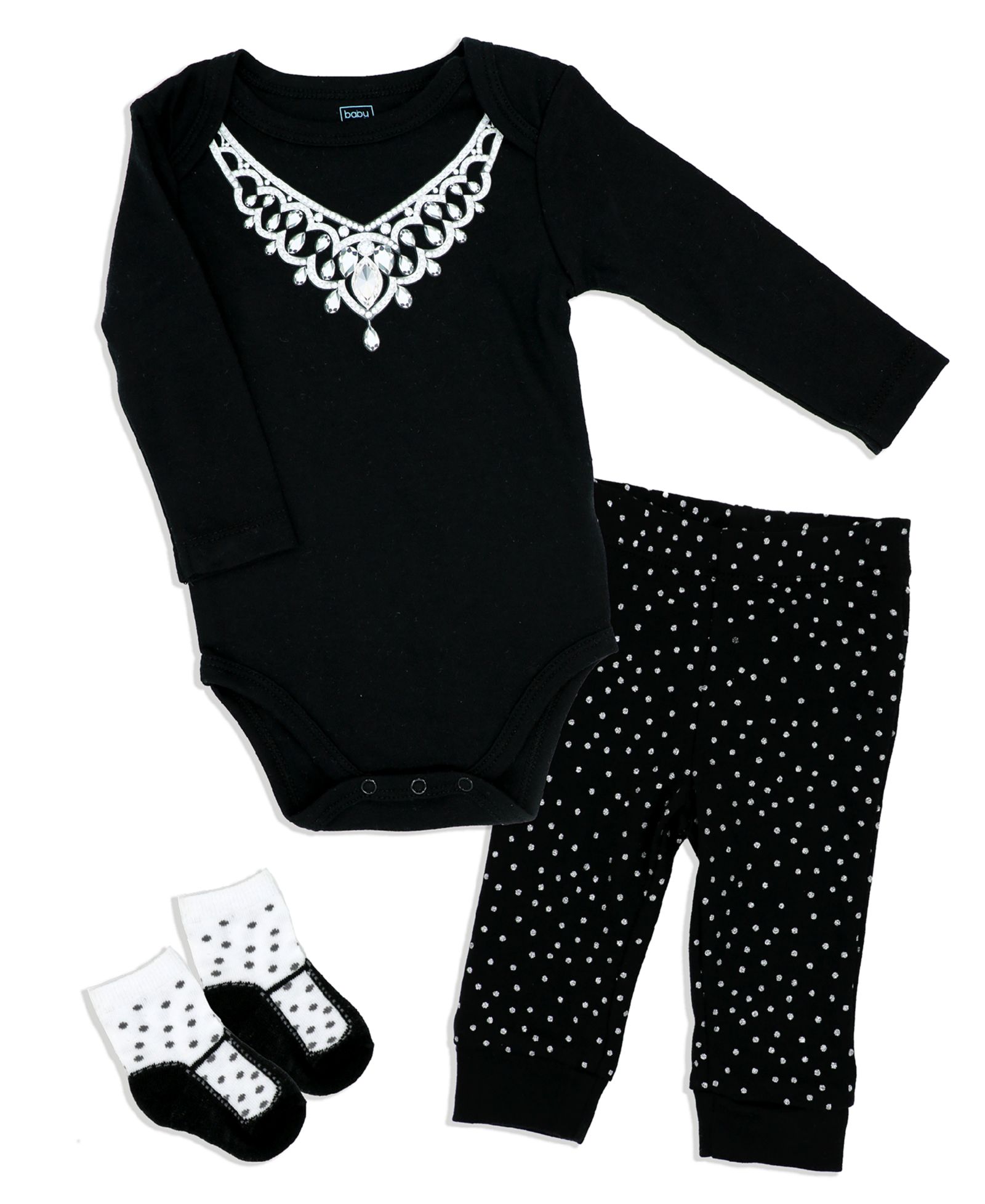 Baby Mode Baby Girls Diamond Necklace Bodysuit, Pants and Socks, 3 Piece Set