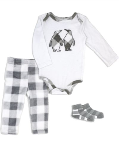 Baby Mode Baby Boys or Baby Girls Buffalo Plaid Bodysuit, Pants and Socks, 3 Piece Set