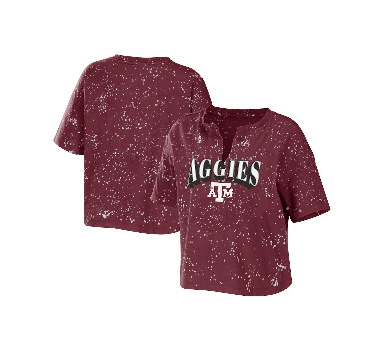 Футболка Women's WEAR by Erin Andrews Maroon Texas A&M Aggies Bleach Wash Splatter Cropped Notch Neck
