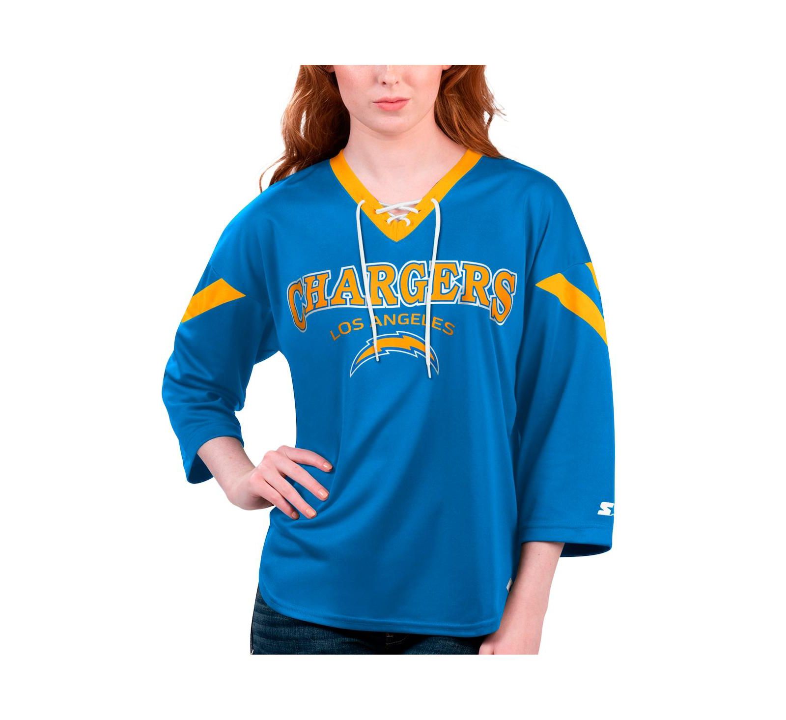 Женская футболка Starter Powder Blue Los Angeles Chargers Rally Lace-Up 3/4 Sleeve