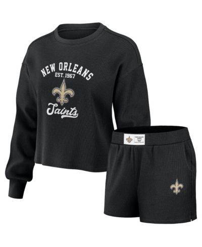 Women's WEAR by Erin Andrews Black Distressed New Orleans Saints Waffle Knit Long Sleeve T-shirt and Shorts Lounge Set