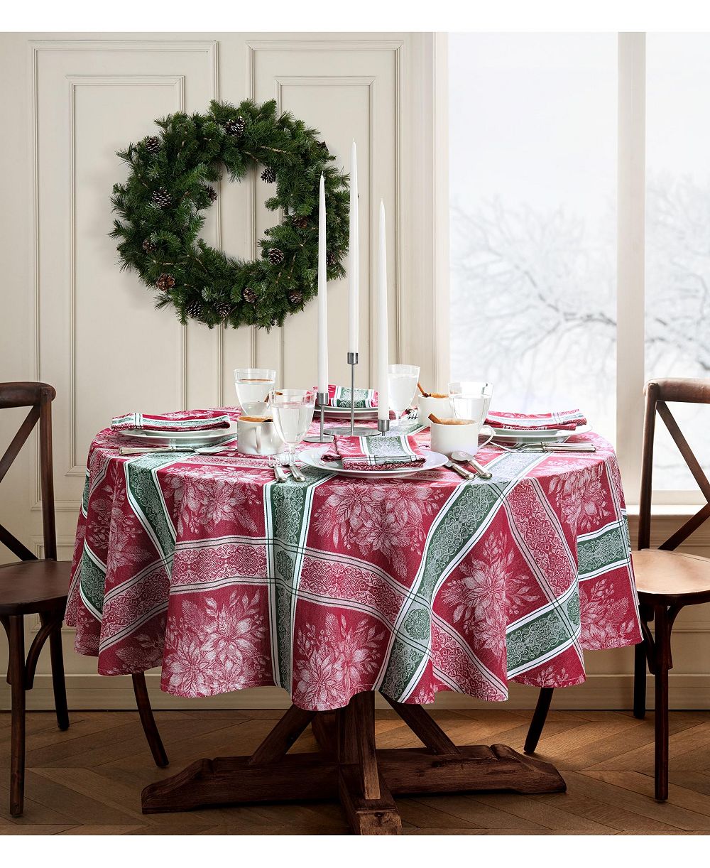 Elrene Poinsettia Plaid Jacquard Plaid Tablecloth, 60" x 84" Oval