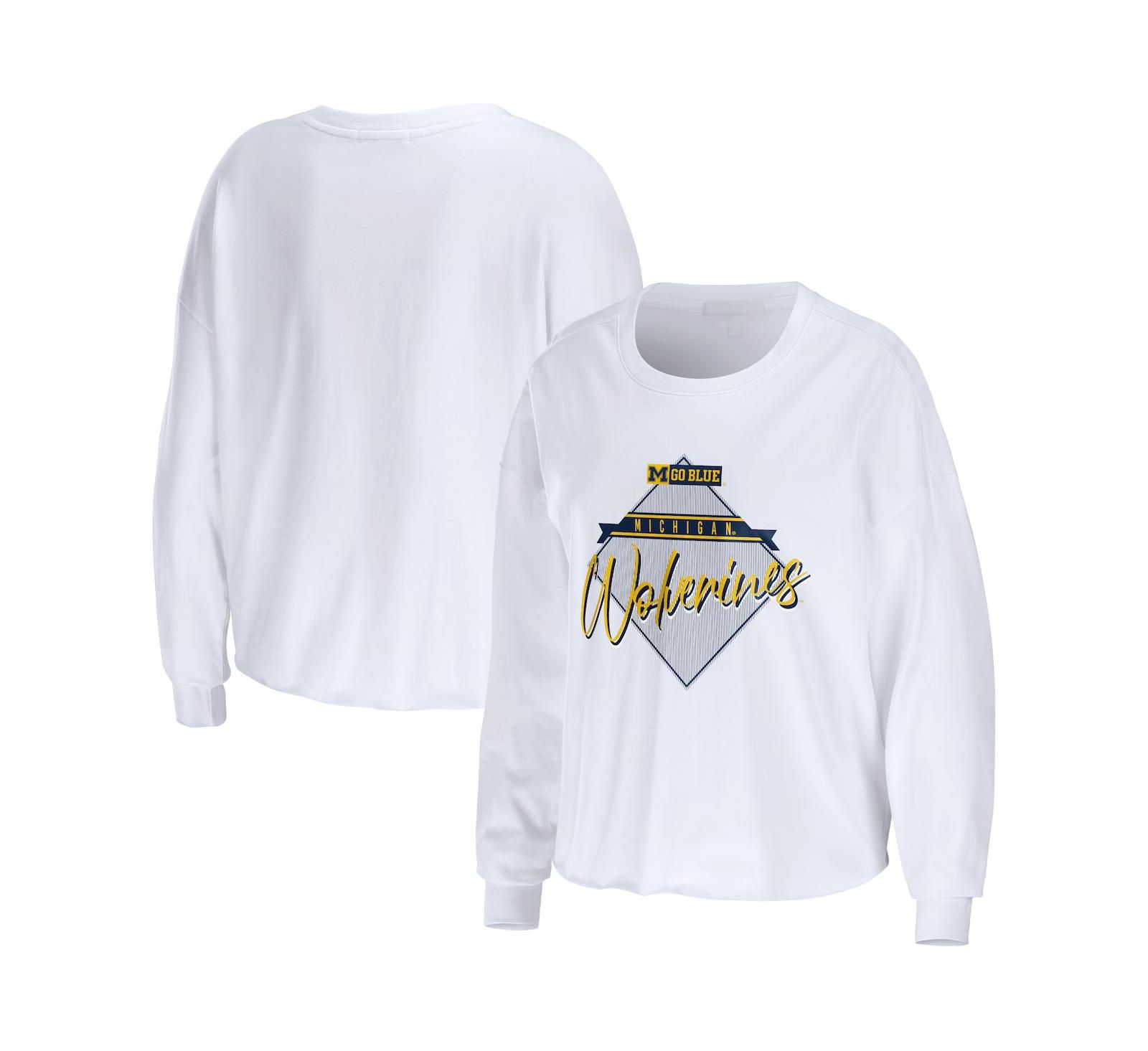 Футболка Women's WEAR by Erin Andrews White Michigan Wolverines Diamond Long Sleeve Cropped T-shirt