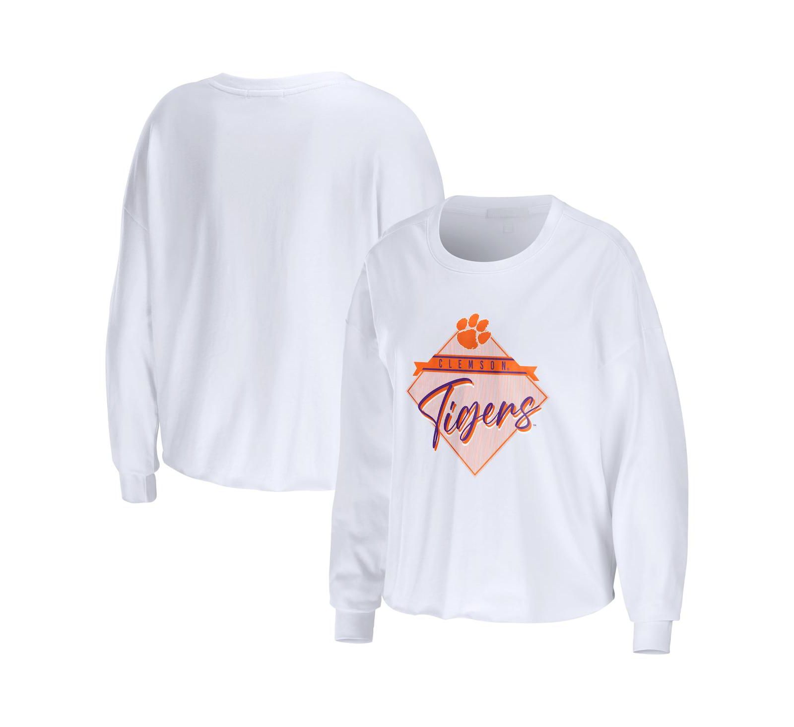 Women's WEAR by Erin Andrews White Clemson Tigers Diamond Long Sleeve Cropped T-shirt