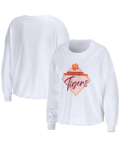 Women's WEAR by Erin Andrews White Clemson Tigers Diamond Long Sleeve Cropped T-shirt