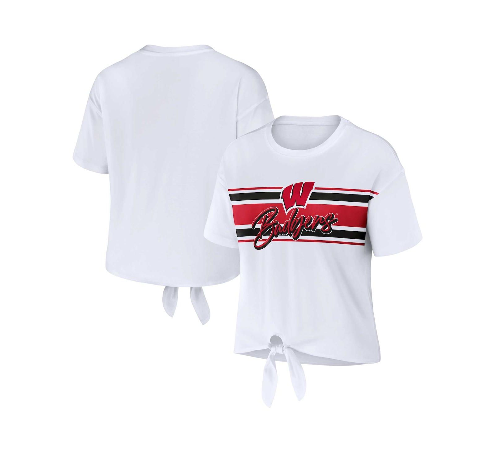 Women's WEAR by Erin Andrews White Wisconsin Badgers Striped Front Knot Cropped T-shirt