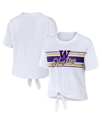 Women's WEAR by Erin Andrews White Washington Huskies Striped Front Knot Cropped T-shirt