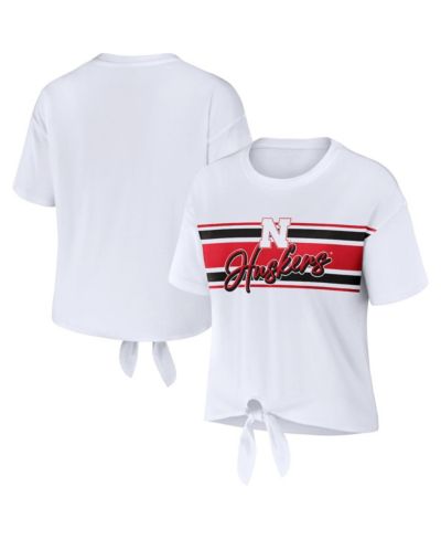 Women's WEAR by Erin Andrews White Nebraska Huskers Striped Front Knot Cropped T-shirt