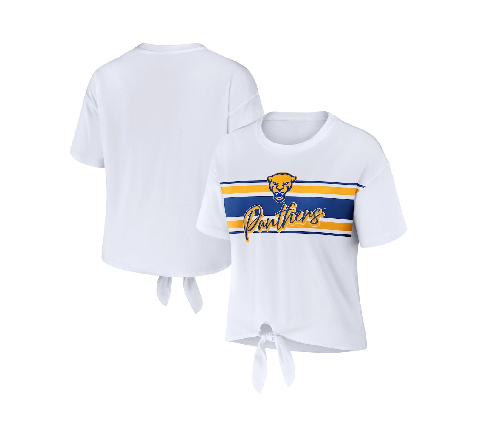 Women's WEAR by Erin Andrews White Pitt Panthers Striped Front Knot Cropped T-shirt