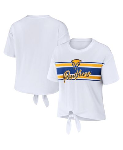 Women's WEAR by Erin Andrews White Pitt Panthers Striped Front Knot Cropped T-shirt