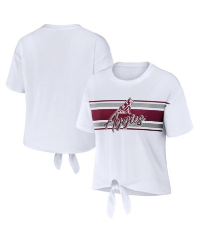 Women's WEAR by Erin Andrews White Texas A&M Aggies Striped Front Knot Cropped T-shirt