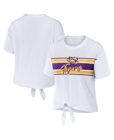 Women's WEAR by Erin Andrews White LSU Tigers Striped Front Knot Cropped T-shirt
