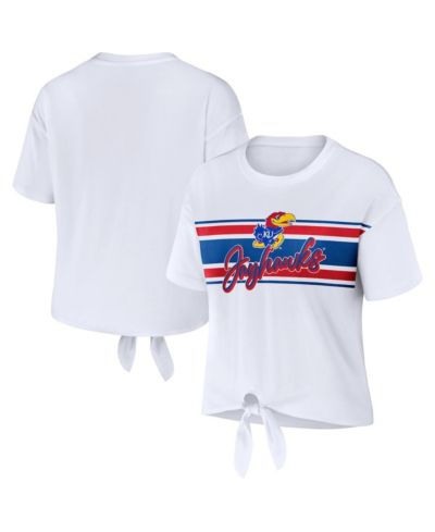 Women's WEAR by Erin Andrews White Kansas Jayhawks Striped Front Knot Cropped T-shirt