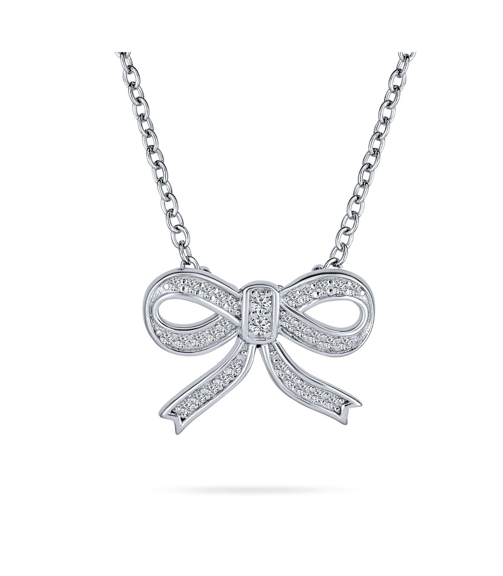 Bling Jewelry Delicate Clear Cubic Zirconia Pave CZ Station Holiday Present Ribbon Bow Pendant Necklace Sterling