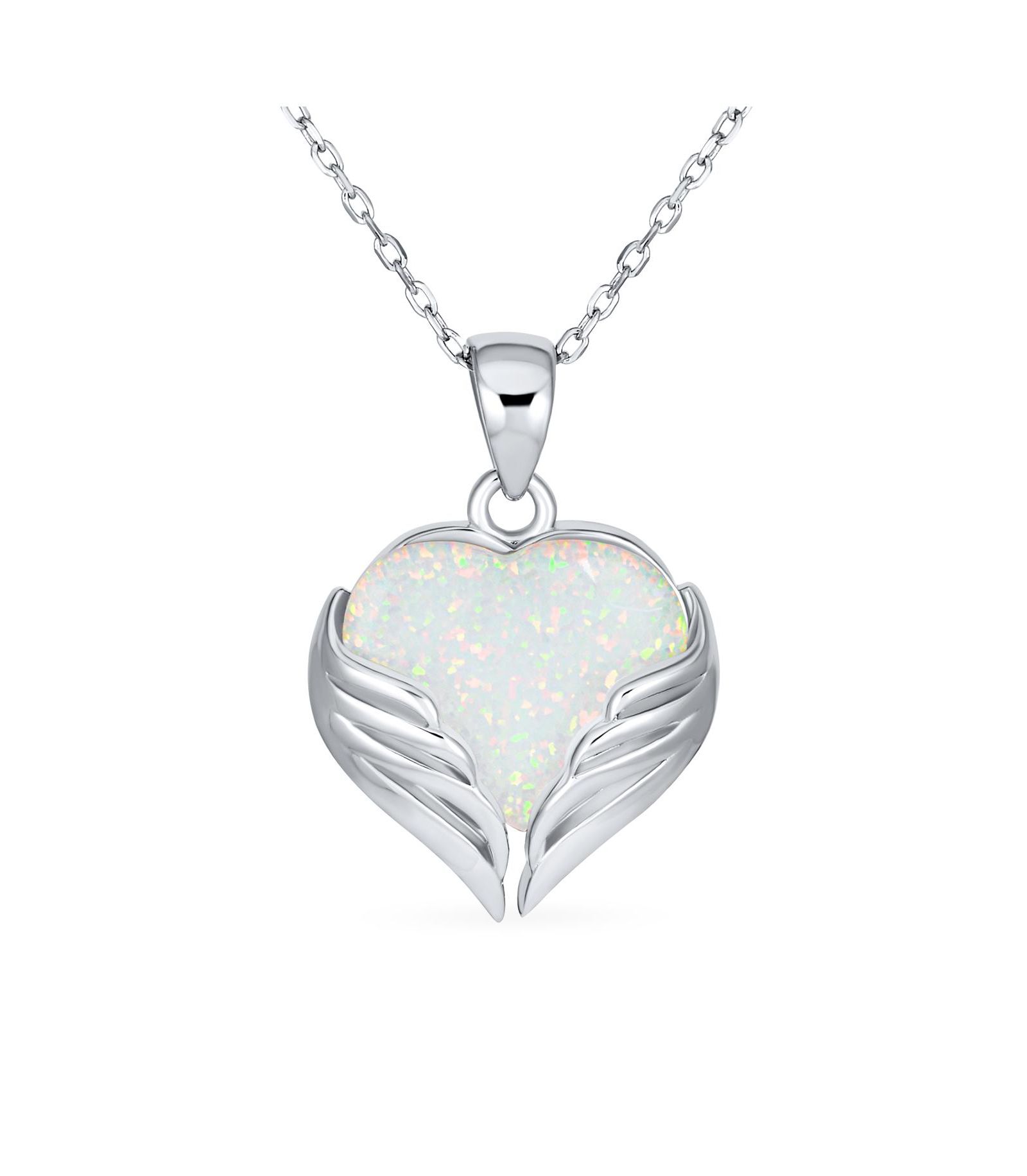 Подвеска Bling Jewelry Love Created Framed White Synthetic Opal Heart Shaped Angel Wing Necklace Pendant Sterling Silver