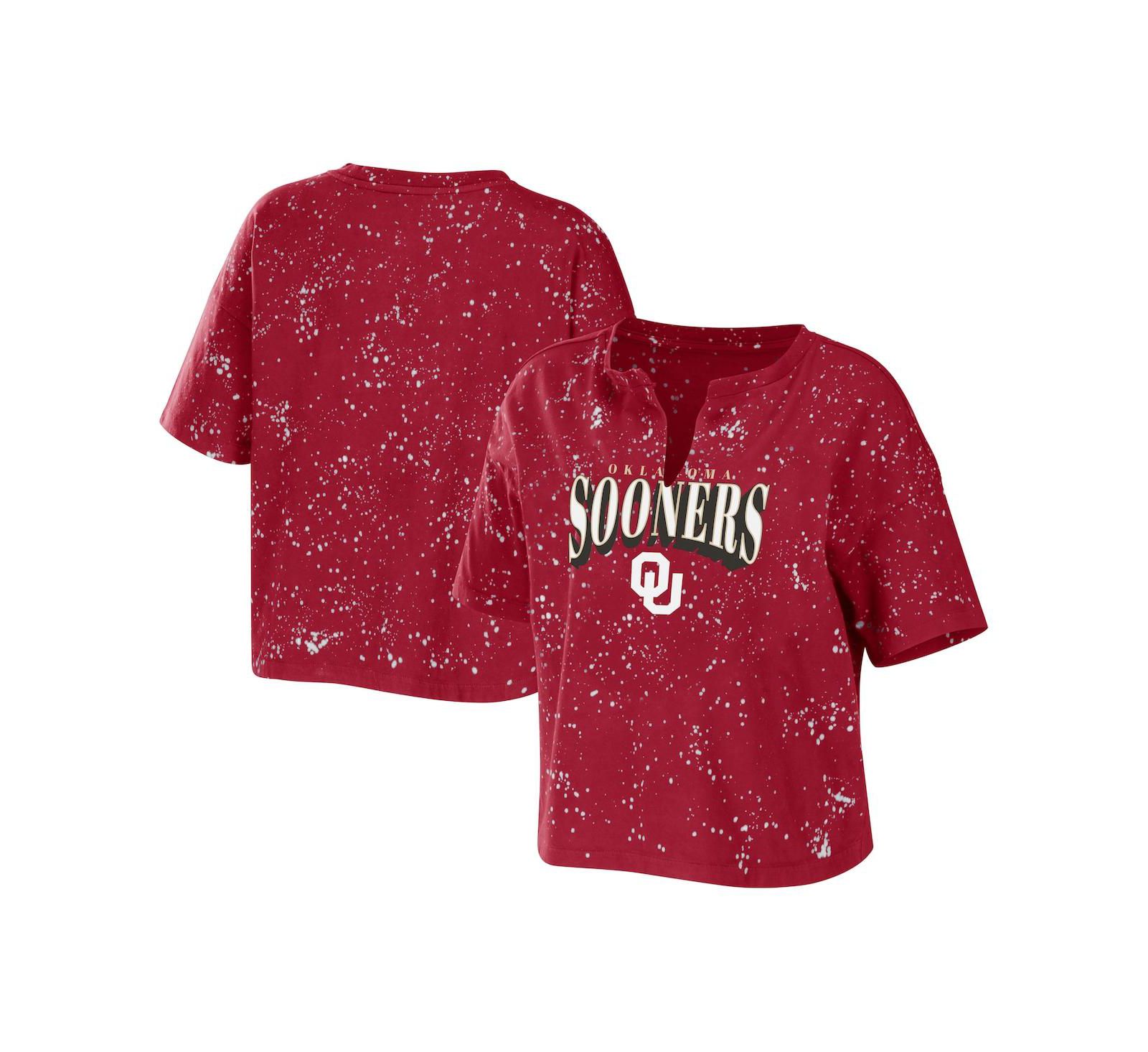 Women's WEAR by Erin Andrews Crimson Oklahoma Sooners Bleach Wash Splatter Cropped Notch Neck T-shirt