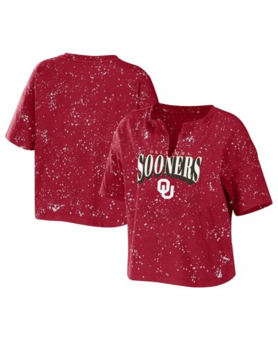 Women's WEAR by Erin Andrews Crimson Oklahoma Sooners Bleach Wash Splatter Cropped Notch Neck T-shirt