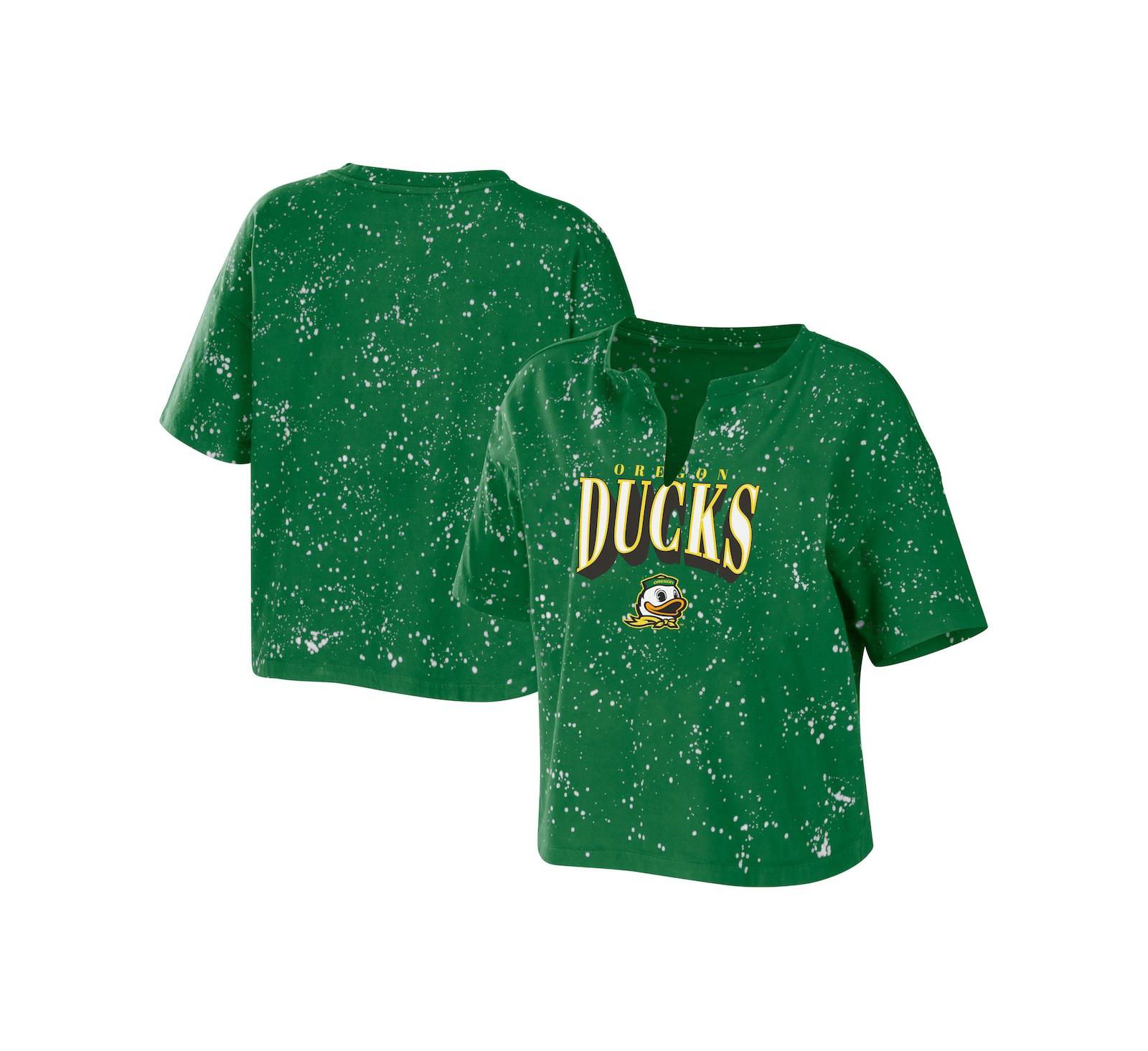 Women's WEAR by Erin Andrews Green Oregon Ducks Bleach Wash Splatter Cropped Notch Neck T-shirt