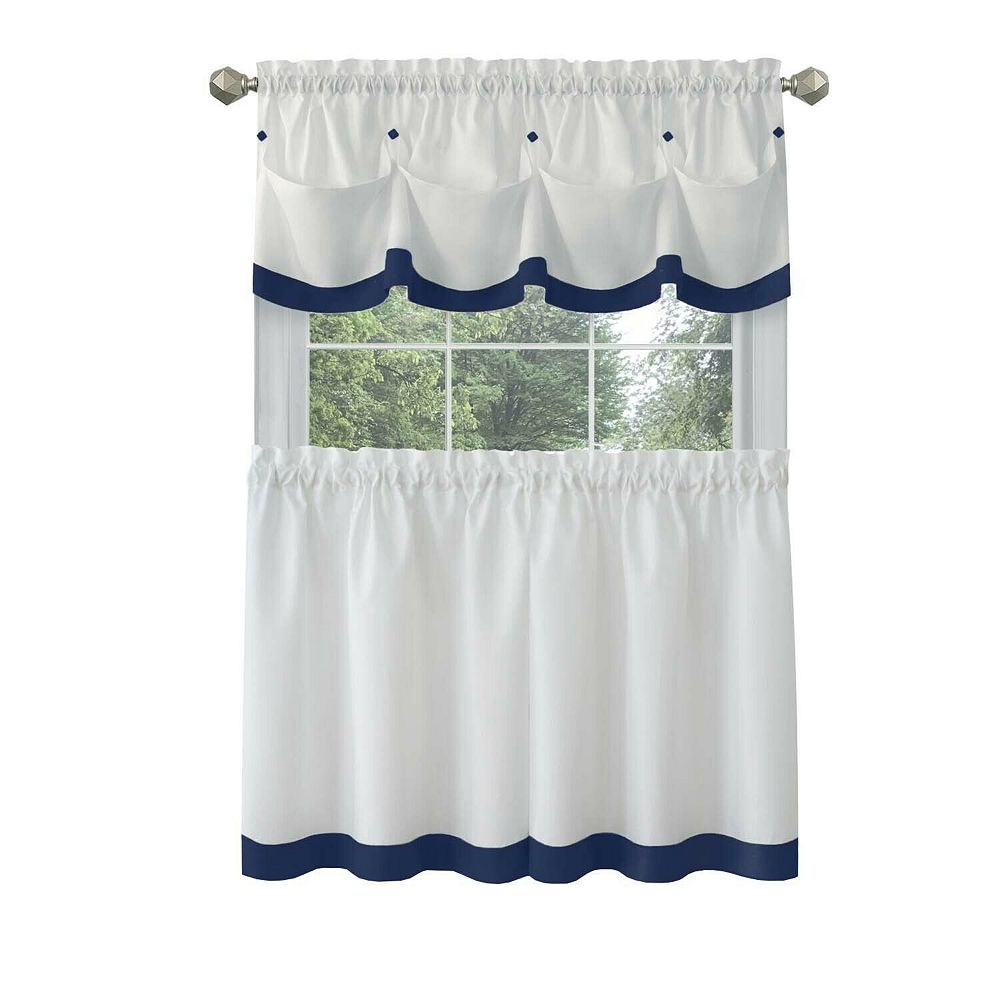 Kate Aurora Country Living Farmhouse 3 Pc Solid Cafe Kitchen Curtain Tier and Tucked Valance Set