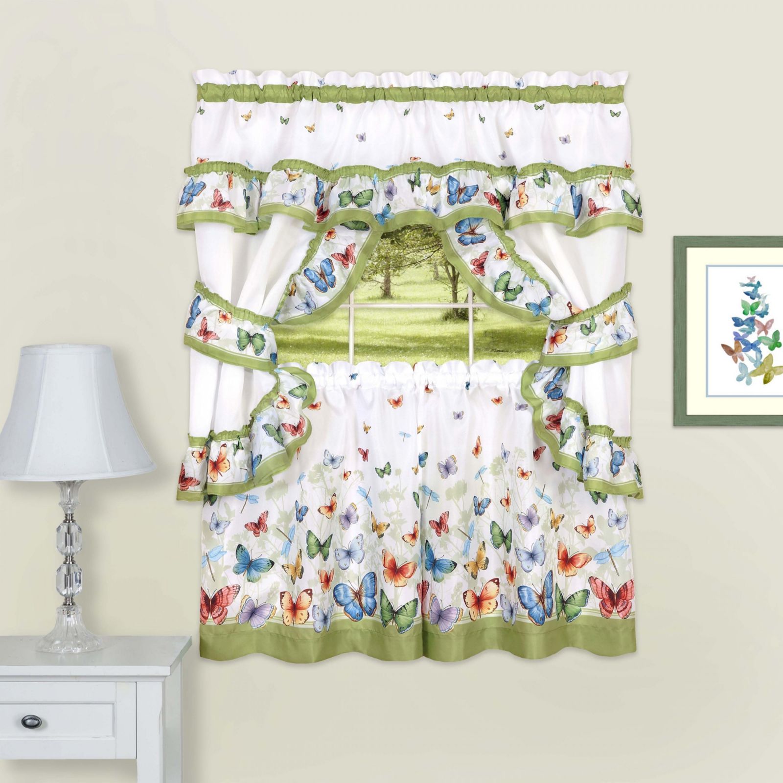 GoodGram Butterflies Prairie Complete 5 Piece Cottage Kitchen Curtain Set
