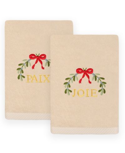 Linum Home Christmas Mistletoe Paix Joie Embroidered Luxury 100% Turkish Cotton Hand Towels, 2 Piece Set