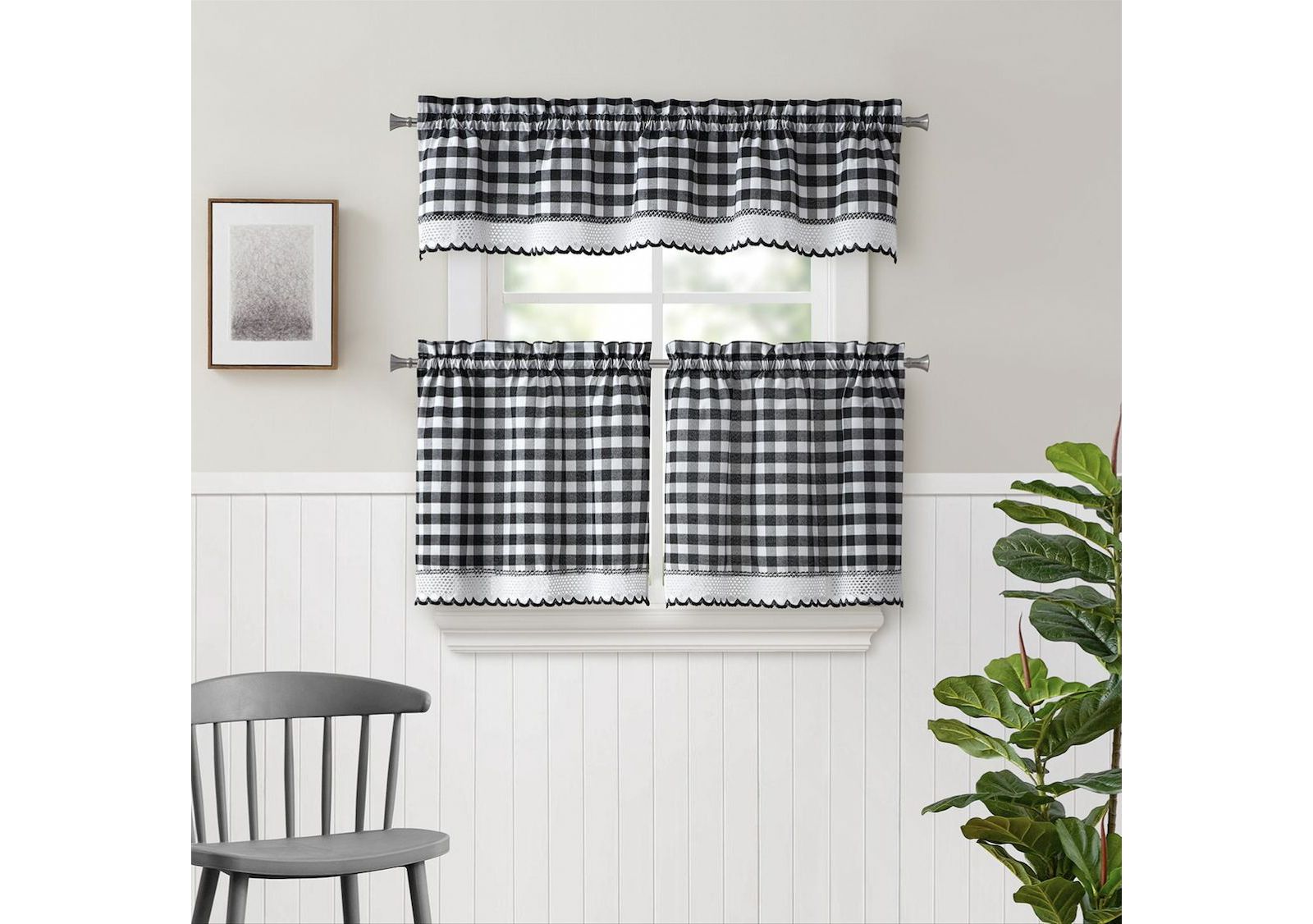 Kate Aurora Complete 3 Piece Country Farmhouse Plaid Gingham Black and White Buffalo Check Kitchen Curtain Tier and Valance Set