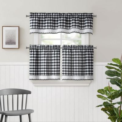Набор кухонных занавесок Kate Aurora 3 Piece Country Farmhouse Plaid Gingham Black and White Buffalo Check