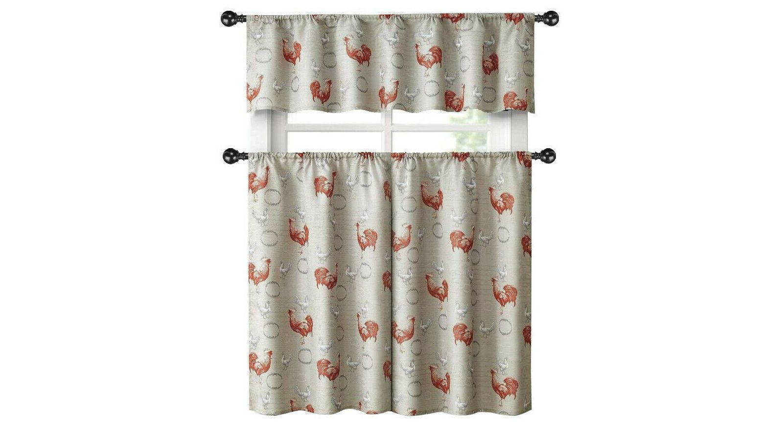 Kate Aurora набор из 3-х кухонных штор (tier и valance) с принтом Red Rooster Barn, Country Farmhouse