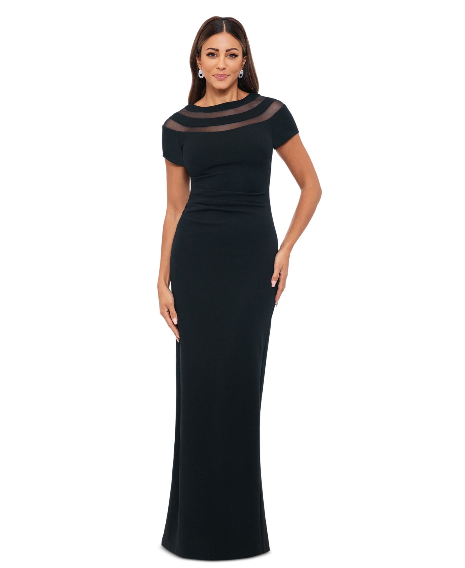 XSCAPE Women's Illusion-Neck Ruched-Back Scuba Crepe Gown