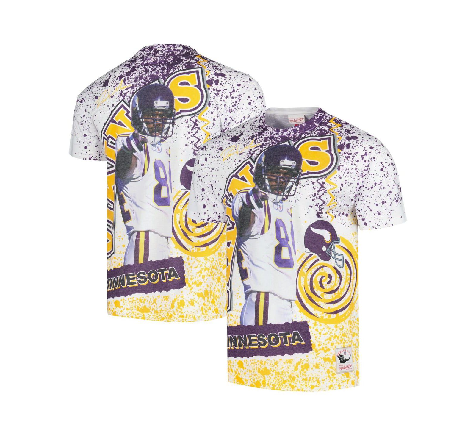 Men's Mitchell & Ness Randy Moss White Minnesota Vikings Retired Player Name and Number Burst T-shirt