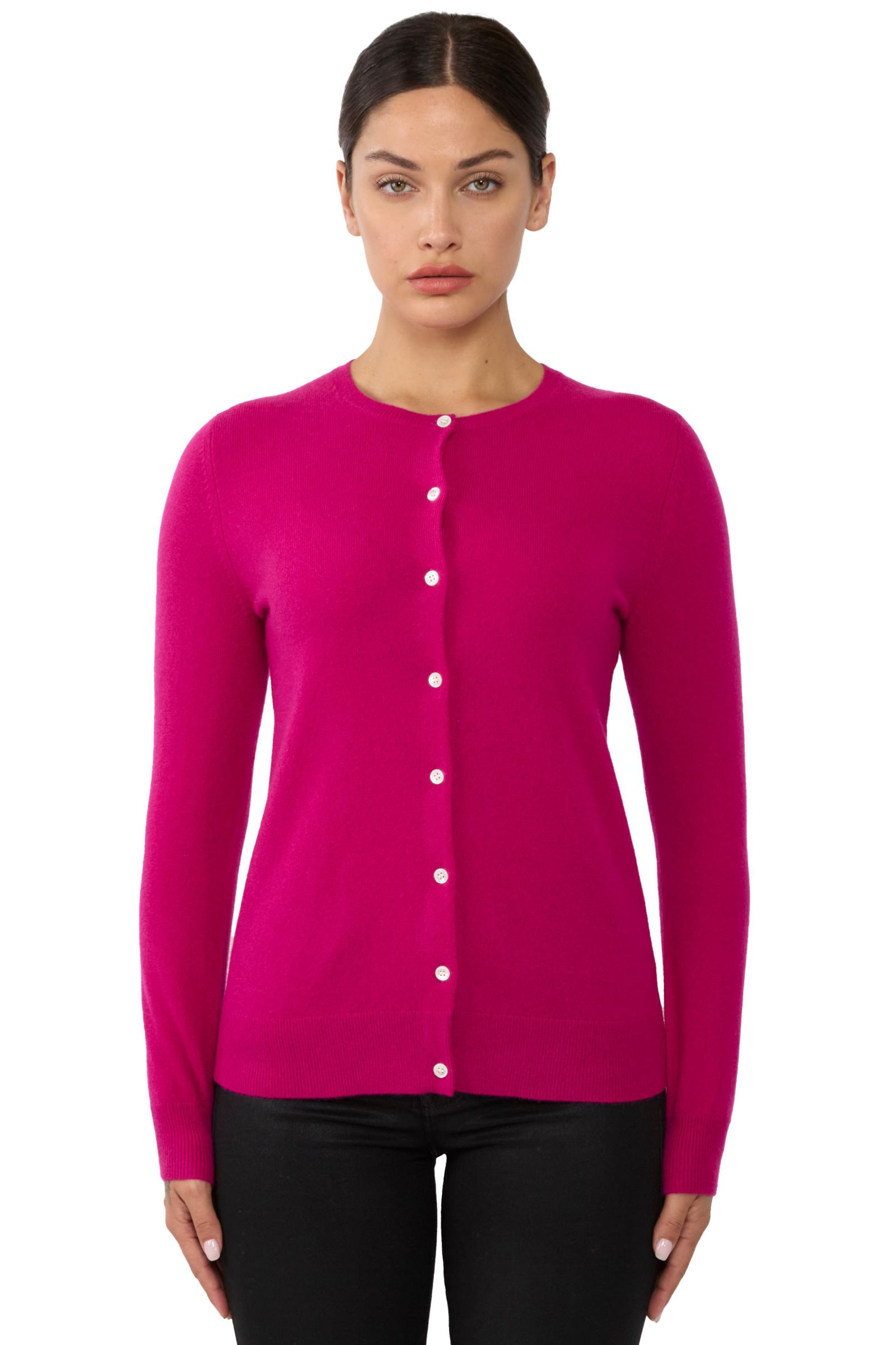 JENNIE LIU Women's 100% Cashmere Button Front Long Sleeve Crewneck Cardigan Sweater