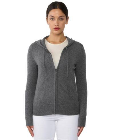 JENNIE LIU Women's 100% Pure Cashmere Long Sleeve Zip Hoodie Cardigan Sweater