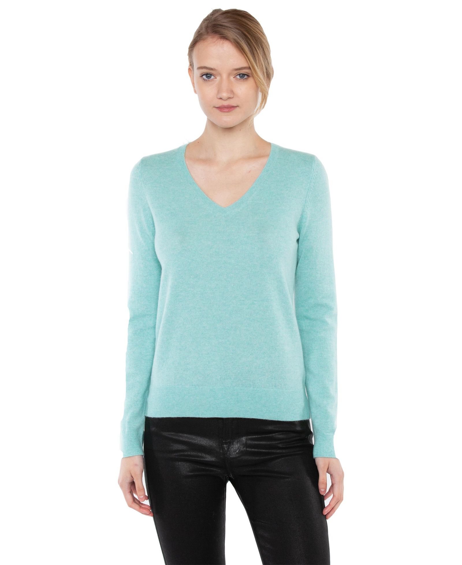 JENNIE LIU Women's 100% Pure Cashmere Long Sleeve Pullover V Neck Sweater