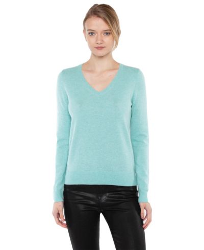 JENNIE LIU Women's 100% Pure Cashmere Long Sleeve Pullover V Neck Sweater