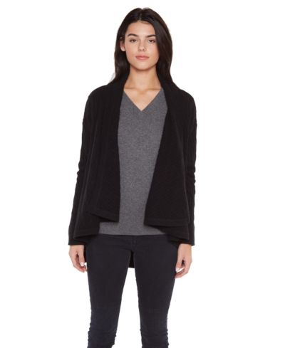JENNIE LIU Women's 100% Pure Cashmere 4-ply Cable-knit Drape-front Open Cardigan Sweater