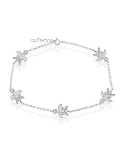 Caribbean Treasures Sterling Silver Synthetic Opal Turtle Anklet - White Opal