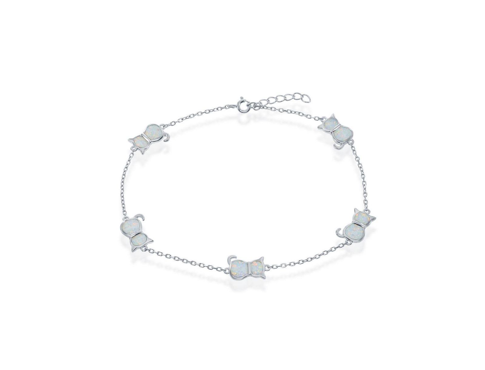 Caribbean Treasures Sterling Silver Synthetic Opal Cat Anklet - White Opal
