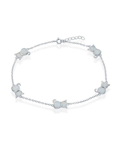 Caribbean Treasures Sterling Silver Synthetic Opal Cat Anklet - White Opal