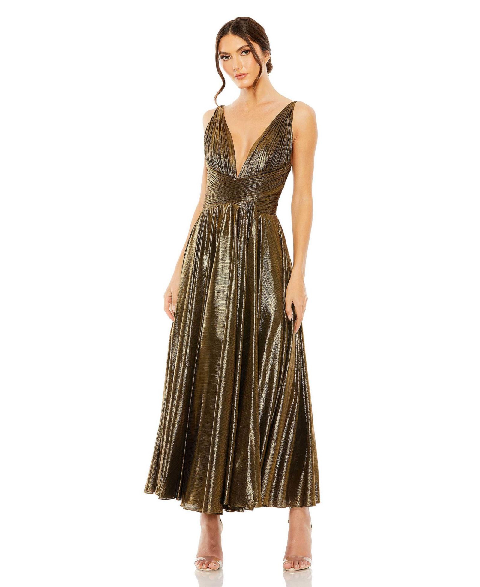 Mac Duggal Женский Sleeveless V Neck Pleated Top Metallic Dress