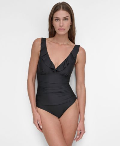Слитный купальник DKNY Women's Ruffle Plunge Underwire Tummy Control