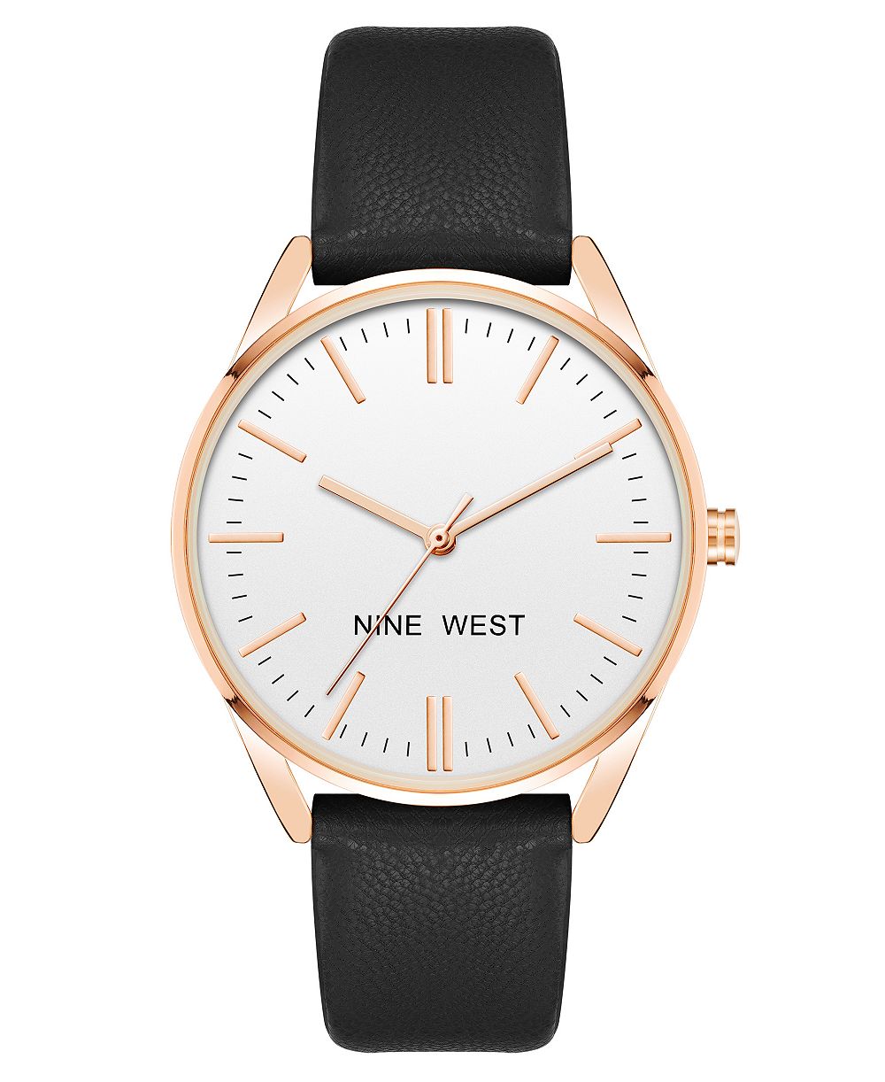 Женские часы Nine West Quartz Black Faux Leather Band 36mm