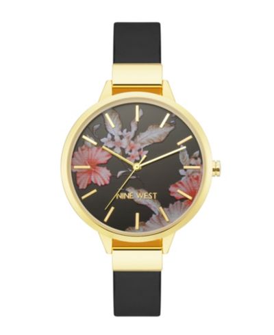 Nine West Women's Quartz Black Faux Leather Band and Floral Pattern Watch, 38mm