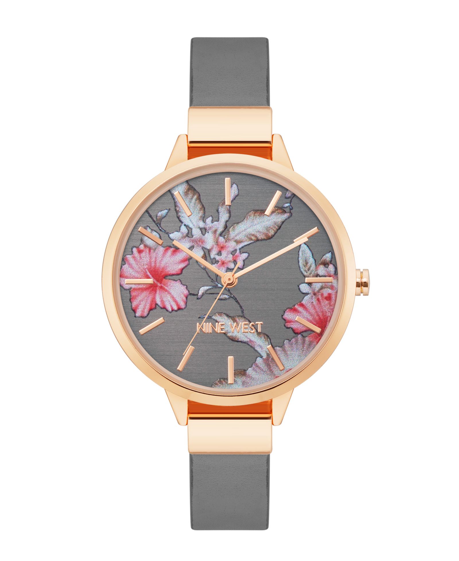 Женские часы Nine West Quartz Gray Faux Leather Band Floral Pattern, 38mm