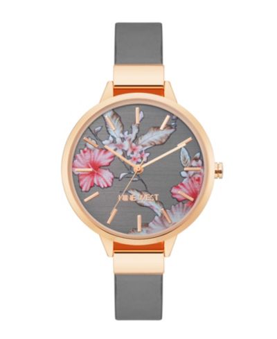 Nine West Women's Quartz Gray Faux Leather Band and Floral Pattern Watch, 38mm