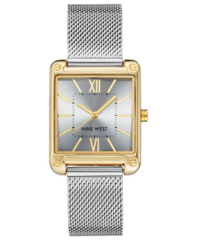 Nine West Women's Quartz Rectangular Silver-Tone Stainless Steel Mesh Band Watch, 29mm