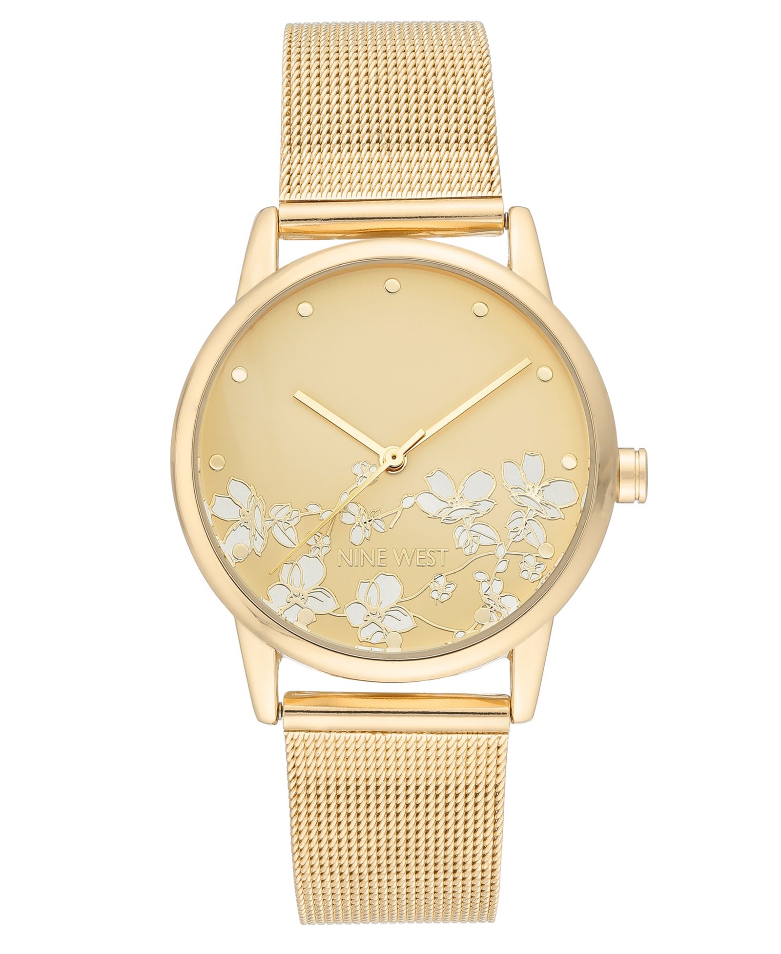 Nine West Женские часы Quartz с золотистым стальным браслетом и узором из цветов, 35mm