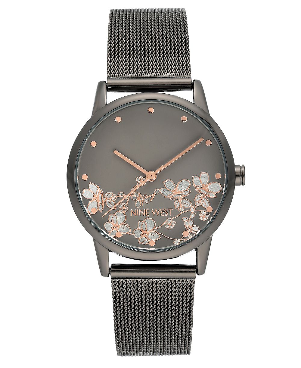 Nine West Women's Quartz Dark Gray Stainless Steel Mesh Band and Flower Pattern Watch, 35mm